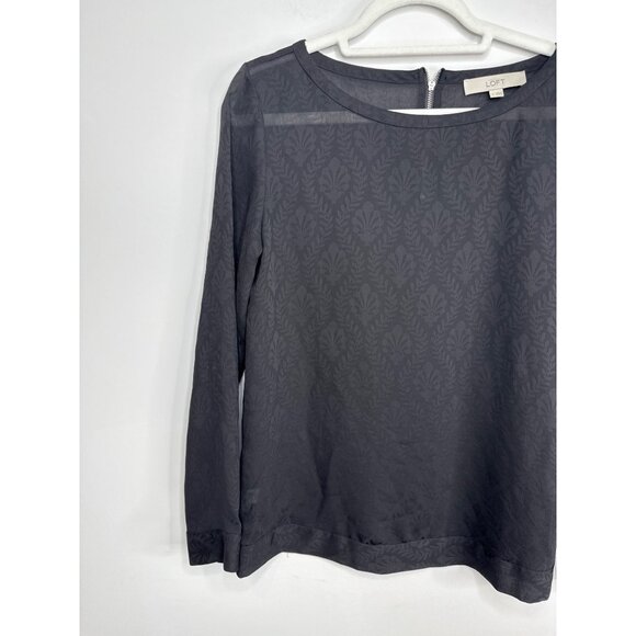 Loft Top Womens Black Long Sleeve Blouse Leaf Pattern Sheer Size S Romantic - Picture 2 of 13